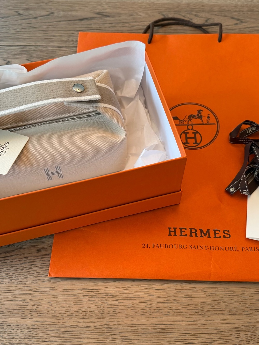 Hermes Beige Canvas Cosmetic Pouch with Leather Tab